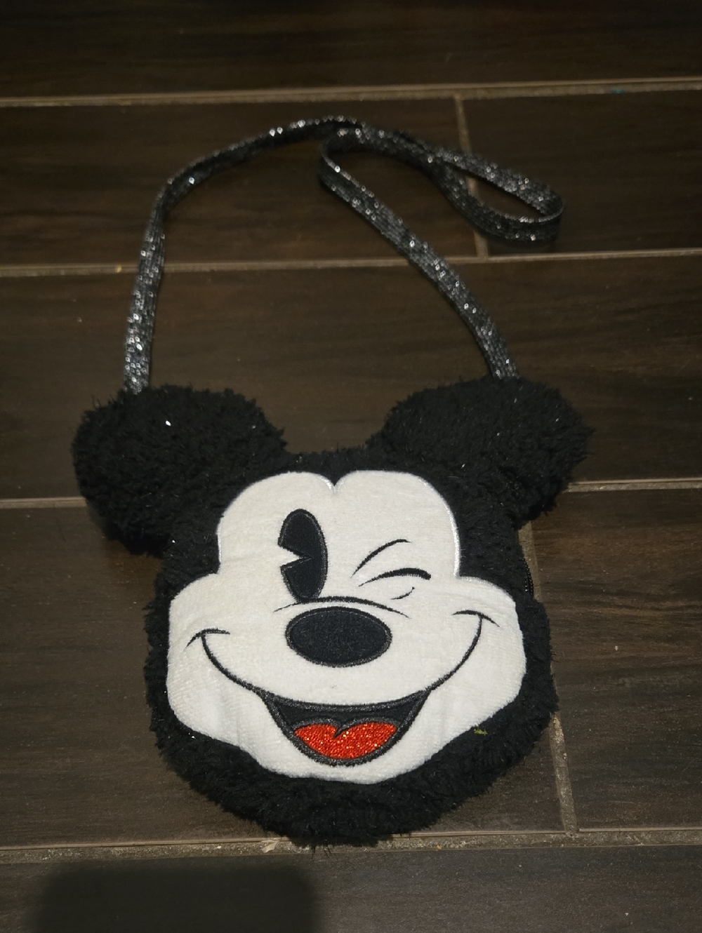 Disney Plush Mickey Mouse Black and Glitter Crossbody Bag NWOT